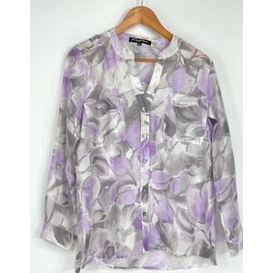 Cheryl Nash Women Blouse M Button Up Purple Floral Burnout Sheer Tunic
